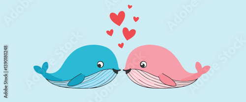 two cartoon whales sharing a tender moment surrounded by red hearts