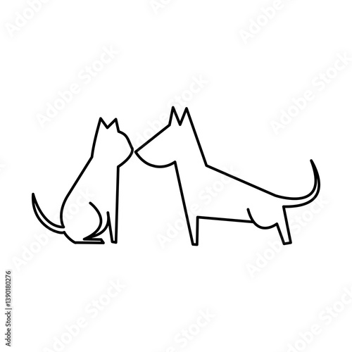 Cute dog and cat looking at each other line art design