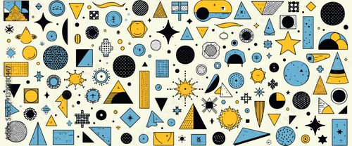 collection of playful geometric shapes in yellow and blue