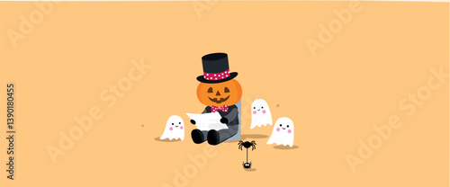 cheerful pumpkin character in a top hat reads a document surrounded by friendly ghosts and a small spider.