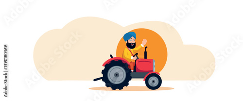 smiling farmer in yellow kurta and blue turban happily waving from his red tractor