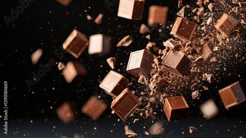 A dynamic image of chocolate cubes exploding, creating a beautiful display of motion and texture against a dark background.