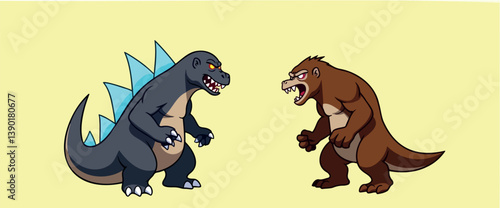 reptilian dinosaur and primate ape in a confrontation