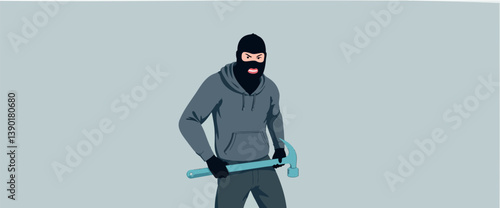masked individual in gray hoodie holding a claw hammer