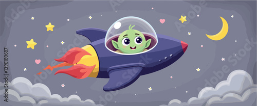 cheerful green alien embarks on a joyful cosmic journey in a purple
