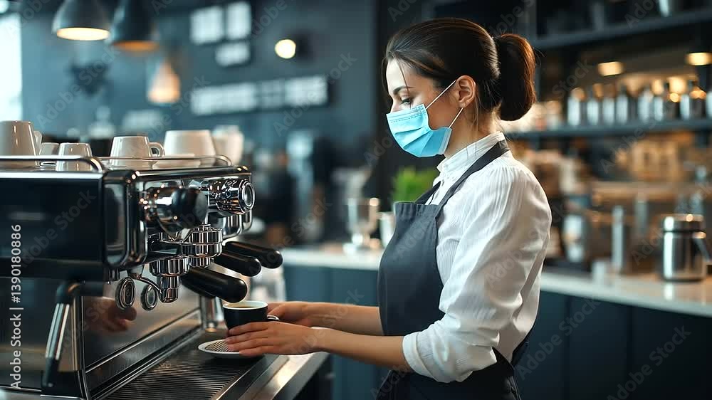 A friendly café owner wearing a dark apron and a blue medical mask, standing confidently in front of an espresso machine, warm lighting illuminating the rustic coffee shop interior A friendly café owner wearing a dark apron and a blue medical mask, standing confidently in front of an espresso machine, warm lighting illuminating the rustic coffee shop interior