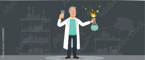 senior scientist in a white lab coat conducts a successful experiment in his laboratory holding a test tube and a glowing erlenmeyer flask.