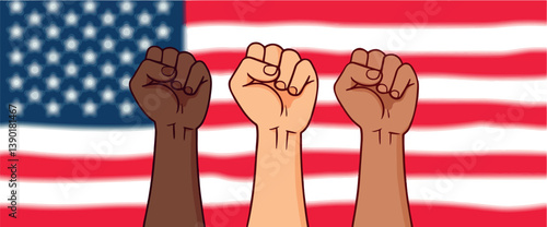 three fists raised in unity against an american flag