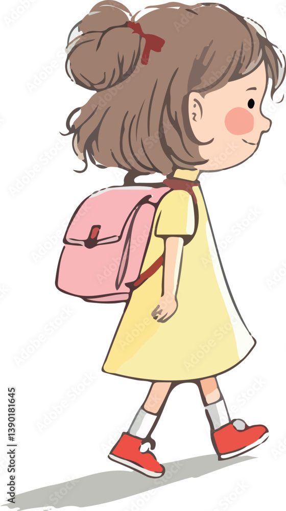 cheerful little girl in a yellow dress walks to school carrying a pink backpack cheerful little girl in a yellow dress walks to school carrying a pink backpack
