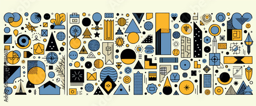 playful composition of geometric shapes in mustard yellow and light blue