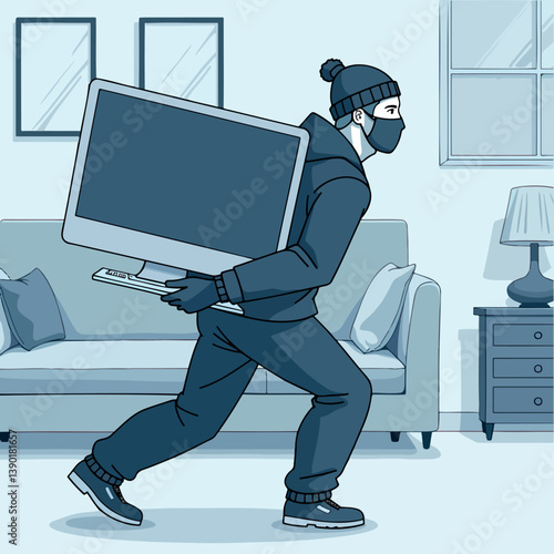 masked thief stealthily carries a flat-screen monitor while exiting a residence