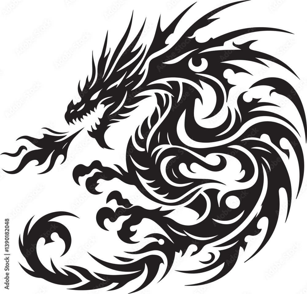 Fototapeta premium Tribal Dragon Tattoo Vector Illustration – Black Stylized Mythical Beast Design