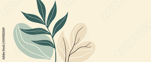 stylized teal and beige leaves on cream background