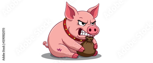 angry pink pig holding a burlap sack