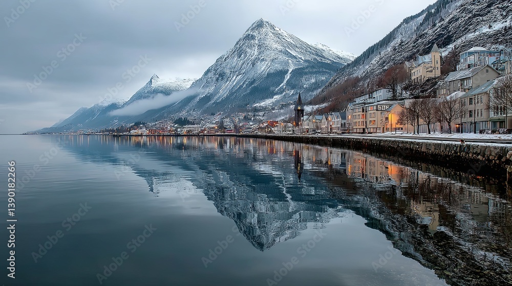 Naklejka premium A peaceful Scandinavian village nestled between snow-covered mountains reflects perfectly on a calm fjord, capturing the serene beauty of Nordic winter.