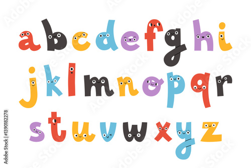 Cartoon english alphabet. Cute children illustration of color smiling letters with eyes. Happy educational elements for teaching at school