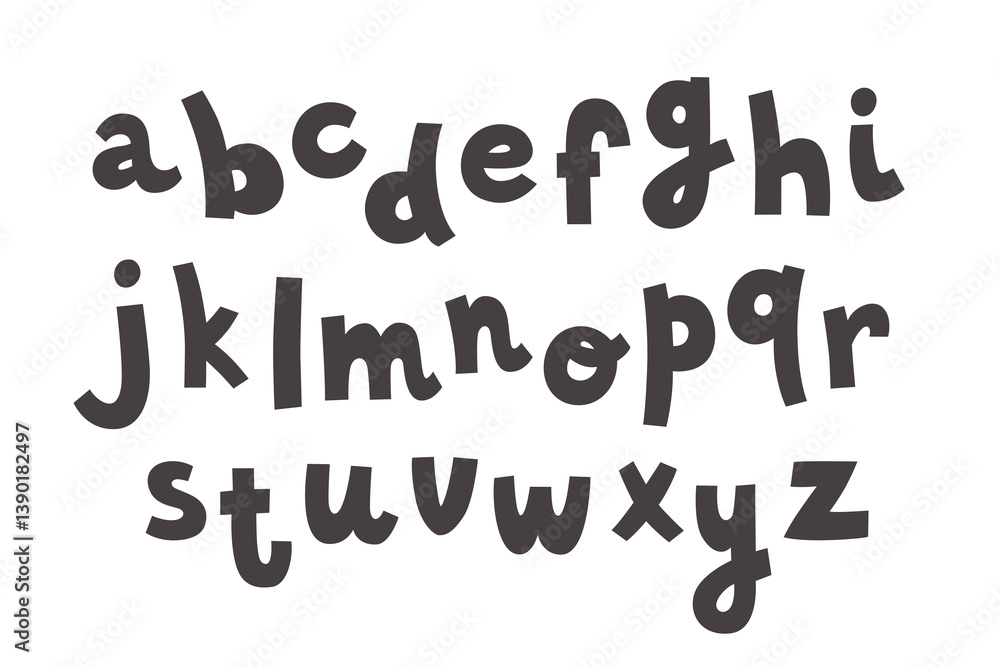 Hand-drawn english alphabet. Black cartoon letters isolated on white background. Lettering elements for education or greeting card design Hand-drawn english alphabet. Black cartoon letters isolated on white background. Lettering elements for education or greeting card design