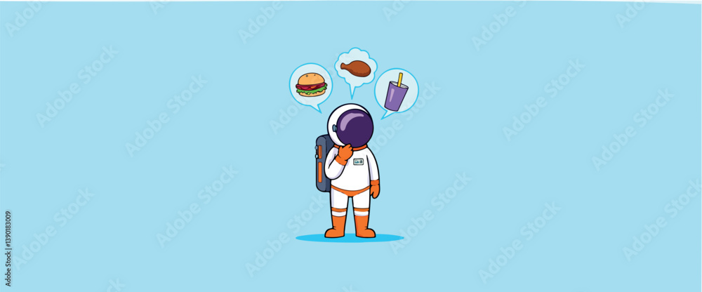 pensive astronaut in a white spacesuit contemplates a burger fries and a drink against a light-blue background pensive astronaut in a white spacesuit contemplates a burger fries and a drink against a light-blue background