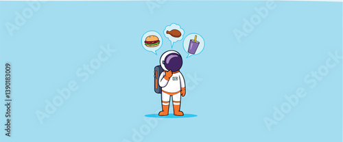 pensive astronaut in a white spacesuit contemplates a burger fries and a drink against a light-blue background