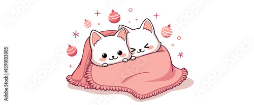 two adorable white kittens nestled together under a pink blanket during christmastime