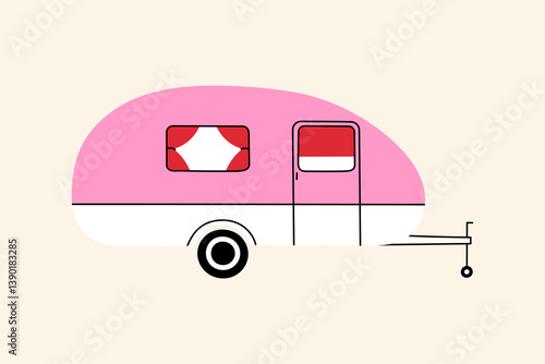 Camping trailer illustration – colorful vector trailer for outdoor adventure, hiking, travel, summer vacation, campsite, nature tourism, or wilderness exploration design themes. Flat cartoon style.