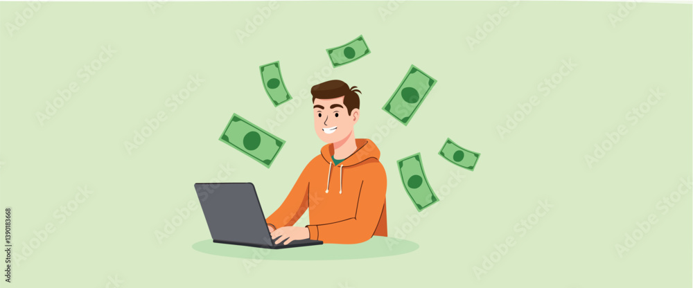 smiling man using laptop with money around him smiling man using laptop with money around him