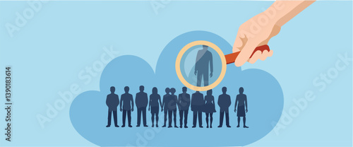 hand uses a magnifying glass to select a single person from a group