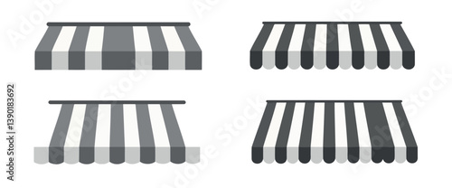 four variations of gray and white striped awnings for storefront
