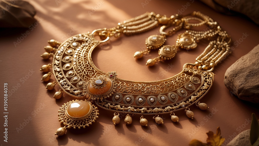 Obraz premium Luxurious Golden Jewelry Set Featuring Necklace And Earrings On Neutral Background