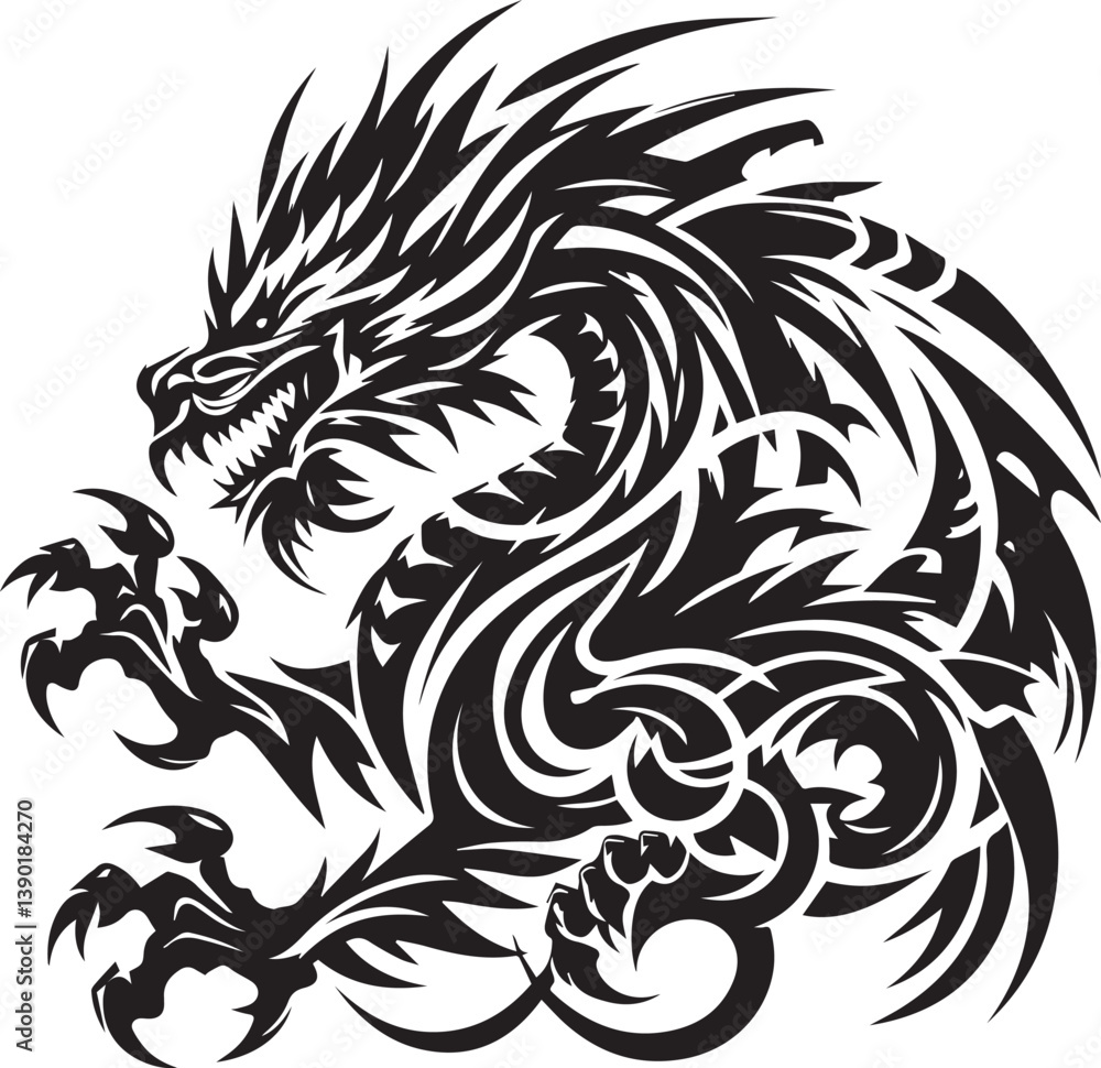 Obraz premium Tribal Dragon Tattoo Vector Illustration – Black Stylized Mythical Beast Design