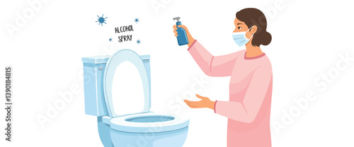 woman wearing a mask sanitizes a toilet using an alcohol spray