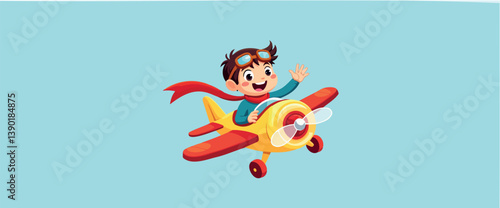 happy boy cheerfully piloting a yellow airplane