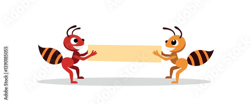 two cartoon ants carrying a beige rectangular sign