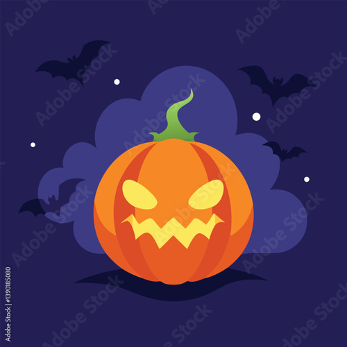 Eerie Halloween Pumpkin Illustration with Bats and a Starry Night Backdrop