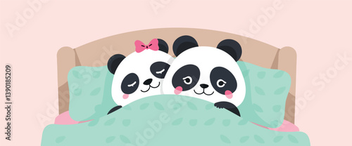 two cuddly pandas sleeping peacefully in bed together