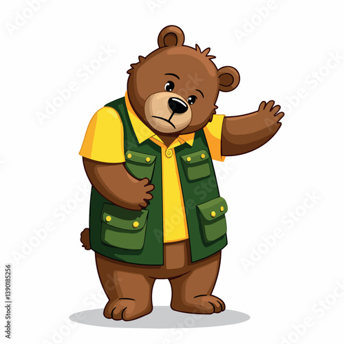 friendly brown bear cartoon character in yellow shirt and green vest