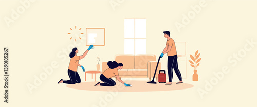 three people efficiently cleaning a house together