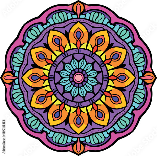 vibrant circular mandala with intricate and bold colors