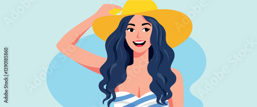 smiling woman in a yellow sun hat and striped swimsuit enjoys a summer day
