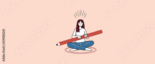 young woman sitting -legged holding a large red pencil suggesting creativity and planning.