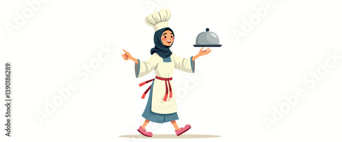 smiling female chef in hijab carrying a food dome