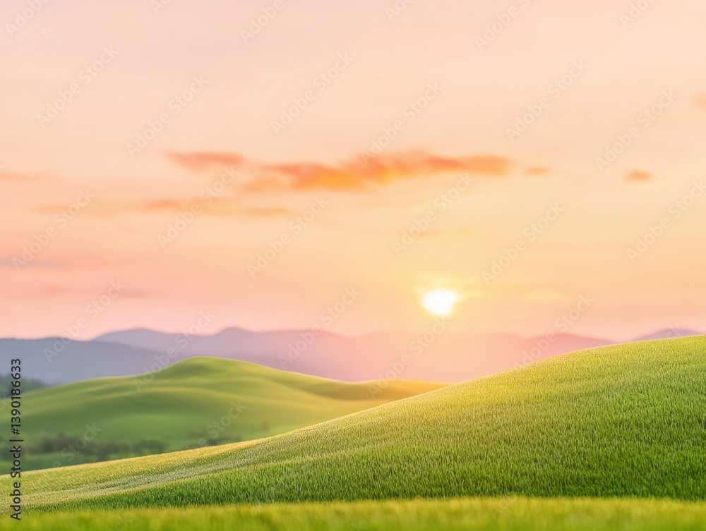 Obraz premium Rolling Green Hills at Sunset: Serene Landscape of Tuscan Countryside, Golden Light