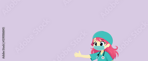 friendly female nurse in teal scrubs and mask offering assistance