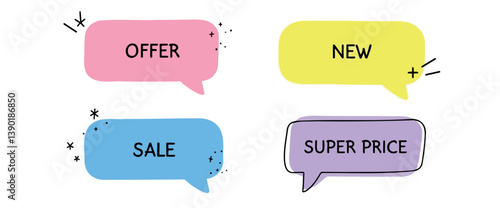 four colorful speech bubbles announcing an offer new arrivals sale and super price
