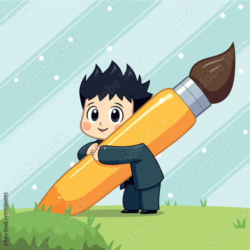 cheerful cartoon boy in a suit happily embraces a large paintbrush