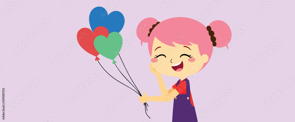 happy girl playfully holds three heart-shaped balloons. happy girl playfully holds three heart-shaped balloons.