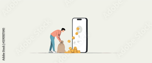 person depositing coins from sack into smartphone symbolizing digital transactions