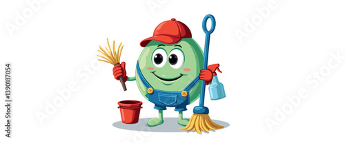 cheerful green cartoon cleaning character holding a broom and dustpan