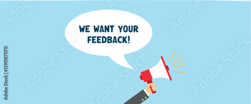 hand holding megaphone announcing feedback request