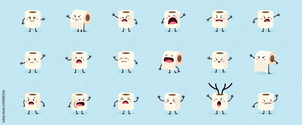 eighteen expressive cartoon toilet paper roll characters with various emotions and poses eighteen expressive cartoon toilet paper roll characters with various emotions and poses